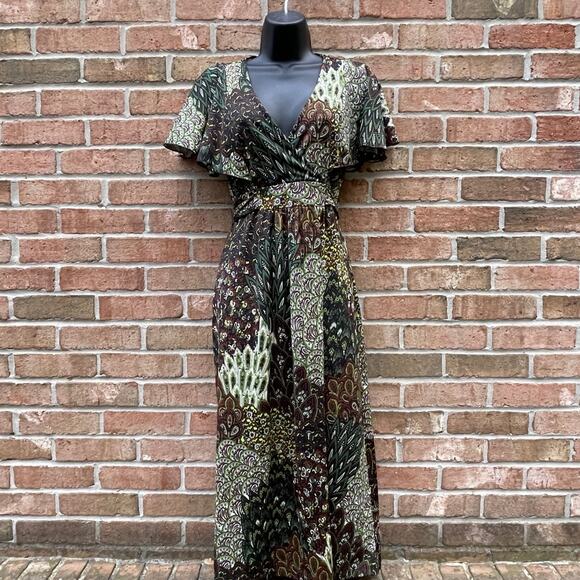 Vtg 00s Y2K Peacock babydoll Festival Flutter Sleeve Paisley Maxi Flowy Dress M - Picture 2 of 9